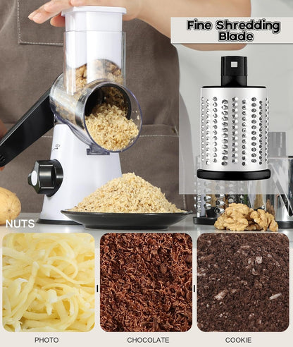 Ourokhome Rotary Cheese Grater Hand Crank, Kitchen Shredder Speed Mandolin Slicer Nut Grinder with Handle and Drum Blades for Cheese, Vegetable, Walnut, Chocolate, Potato, Carrot, 3 Blades, Dark Blue