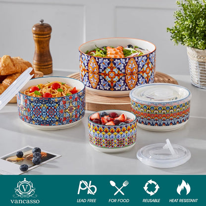 vancasso Serving Bowls with Lids Set of 4, Ceramic Nesting Mixing Bowls for Food Storage, Prep and Stackable, Dishwasher & Microwave Safe Gift Set, 60/36/20/10 OZ, Series SIMI
