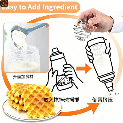 Pancake Batter Dispenser with Whisk Ball & Stand, 2-in-1 Pancake Mix Dispenser and Squeeze Bottle for Even Mixing and Precise Pouring, Essential Baking Tool for Pancakes, Crepes, Waffles (2PCS。)