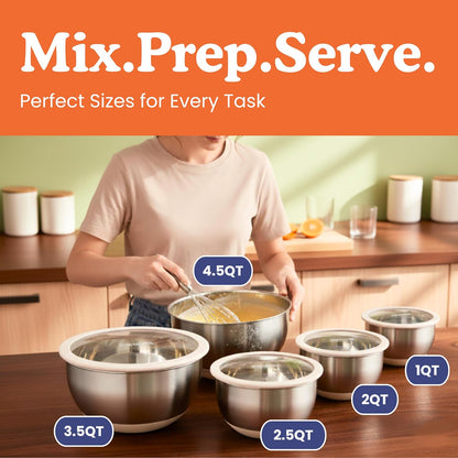 Ziruma Non-Toxic Mixing Bowls with Lids Set, Stainless Steel & Glass, 5 Pcs Plastic Free Bowls with Silicone Non-Slip Base, Dishwasher Safe Mixing Bowl Set