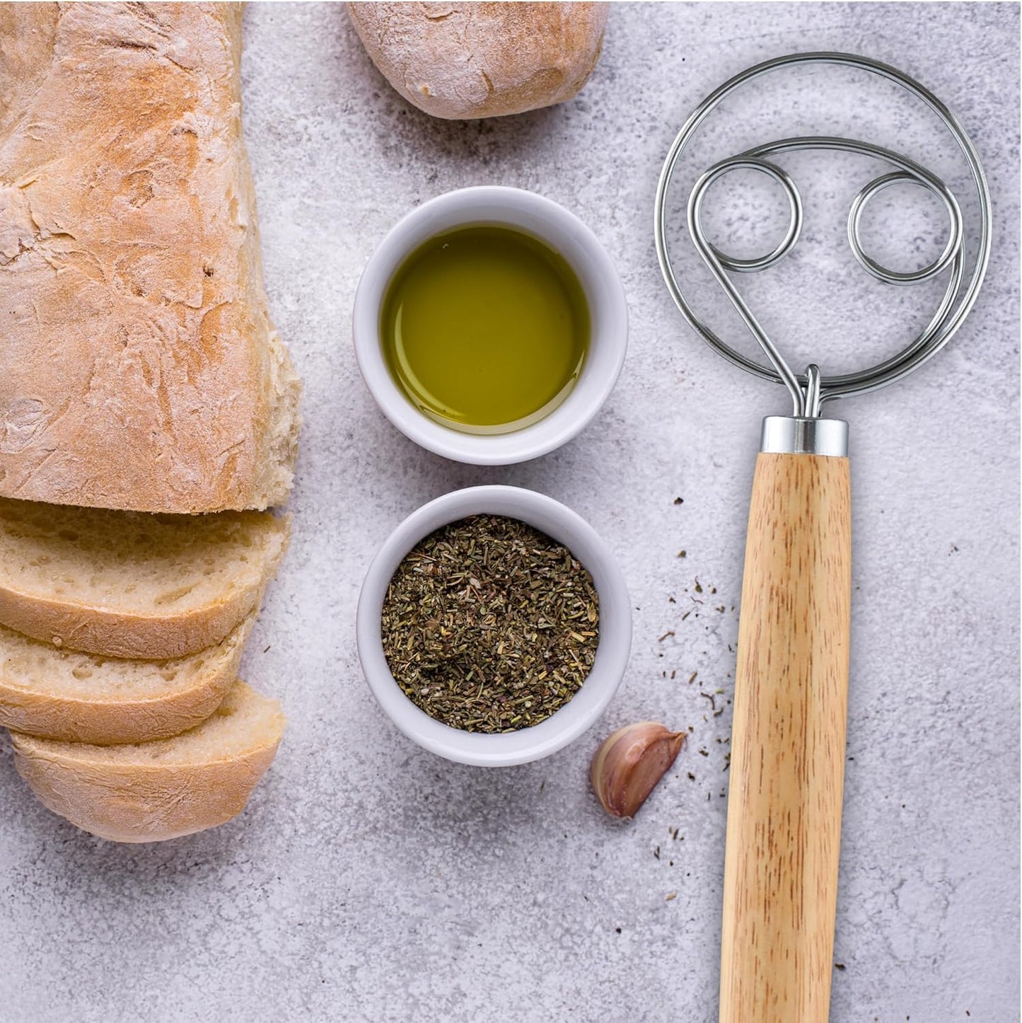 Zulay Kitchen 13-Inch Danish Dough Whisk - Stainless Steel Wooden Whisk with Dough Hook - Sourdough Whisk for Bread, Pizza, Pastry, Cake Batter & More - Wood