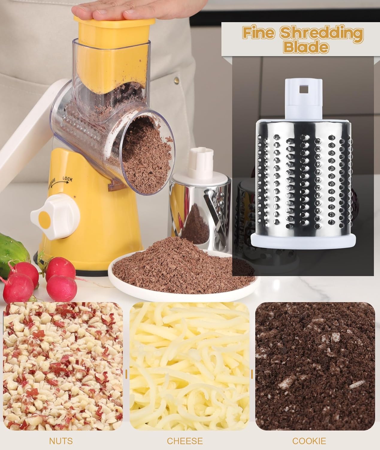 Ourokhome Rotary Cheese Grater Hand Crank, Kitchen Shredder Speed Mandolin Slicer Nut Grinder with Handle and Drum Blades for Cheese, Vegetable, Walnut, Chocolate, Potato, Carrot, 3 Blades, Dark Blue