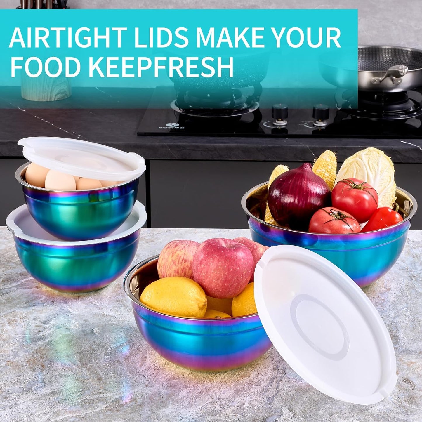4 Piece Gold Mixing Bowls With Lids for Kitchen, Stainless Steel Set Ideal for Baking, Prepping, Cooking and Serving Food, Nesting Metal Bowls for Space Saving Storage