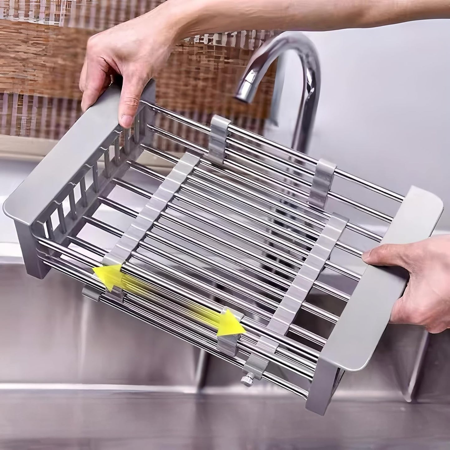 Expandable Over Sink Dish Drying Rack, Stainless Steel Kitchen Organizer, Adjustable Countertop Drainer for Plates, Bowls, Utensils (Gray, Small)