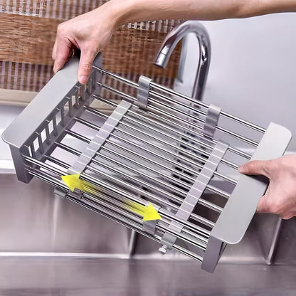 Expandable Over Sink Dish Drying Rack, Stainless Steel Kitchen Organizer, Adjustable Countertop Drainer for Plates, Bowls, Utensils (Gray, Small)