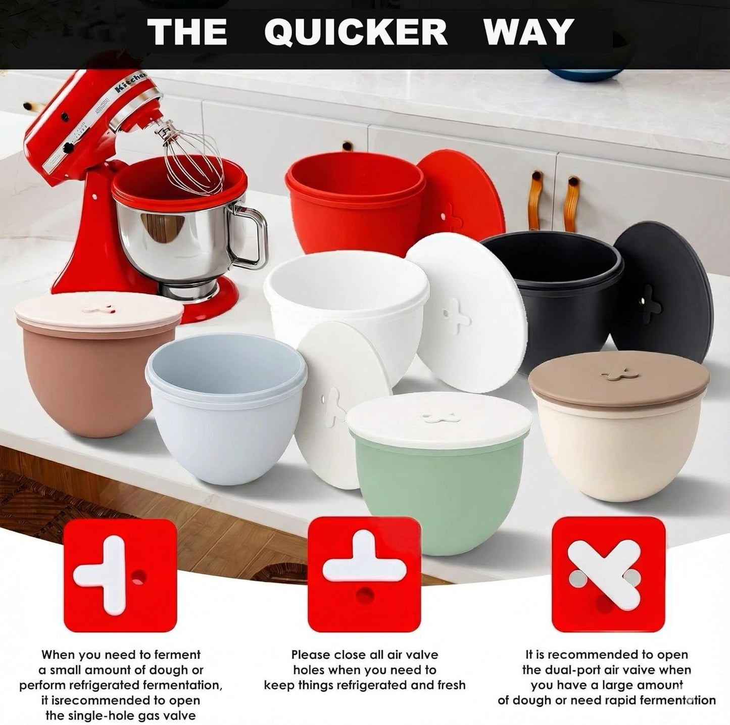 Omoiyari Premium MultiColors 3-Pack Silicone Bowl Liners with Lids for KitchenAid 7-Qt Bowl-Lift (Only), 2mm Extra-Thick Silicone, Odour-Free,Air Valves for Dough Proofing,Dishwasher Safe, BPA Free