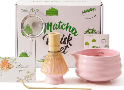 5pcs Premium Matcha Set,Ceramic Bowl with Spout and Bamboo Whisk set, Ceremonical Matcha Kit for breakfast/latte,Tea Starter Making Kit,Unique Matcha Gift set (pink love)