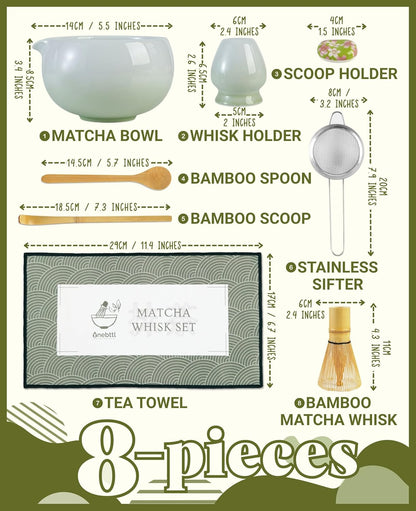 Onebttl Matcha Whisk Set Gifts, 8 Pcs Ceramic Matcha Kit Set Includes Matcha Bowl, Matcha Whisk and Holder, Bamboo Spoon and Scoop, Scoop Rest, Sifter and Tea Towel - Sunflower