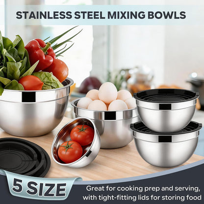 E-far Mixing Bowls with Lids, 6-Piece Stainless Steel Salad Bowls Metal Nesting Bowls for Baking Cooking and Prepping, Airtight Lids & Stackable Design, Size 4.5, 3, 1.5 QT (Black)