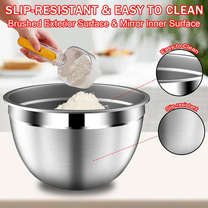 DUTZUN Mixing Bowls with Lids Set, Stainless Steel Mixing Bowls with Colander, Strainer with Mixing Bowl Set, Serving Bowl Kitchen Gift, Size 4.5, 2.5, 2, 1.5QT - Black