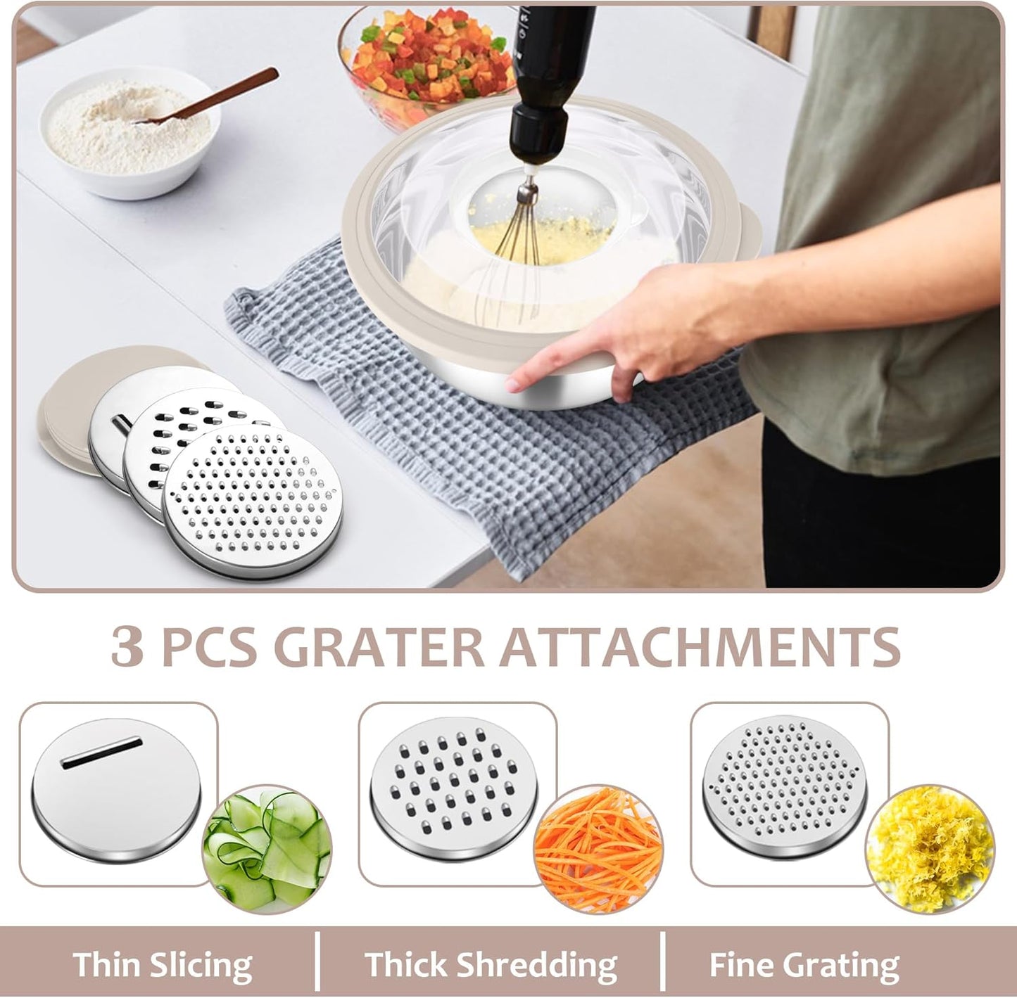 E-far Colander with Mixing Bowl Set, 4-1 Stainless Steel Colander Strainers Bowl with Graters for Kitchen, Rotatable Food Strainer Bowl for Rinsing Fruits Vegetables/Draining Pasta - Blue