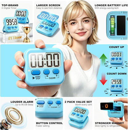 Antonki 2 Pack Digital Timer for Kids, Magnetic Countdown Kitchen Timers for Cooking, Egg, Classroom, Teacher, Exercise, Study, Oven - Battery Included