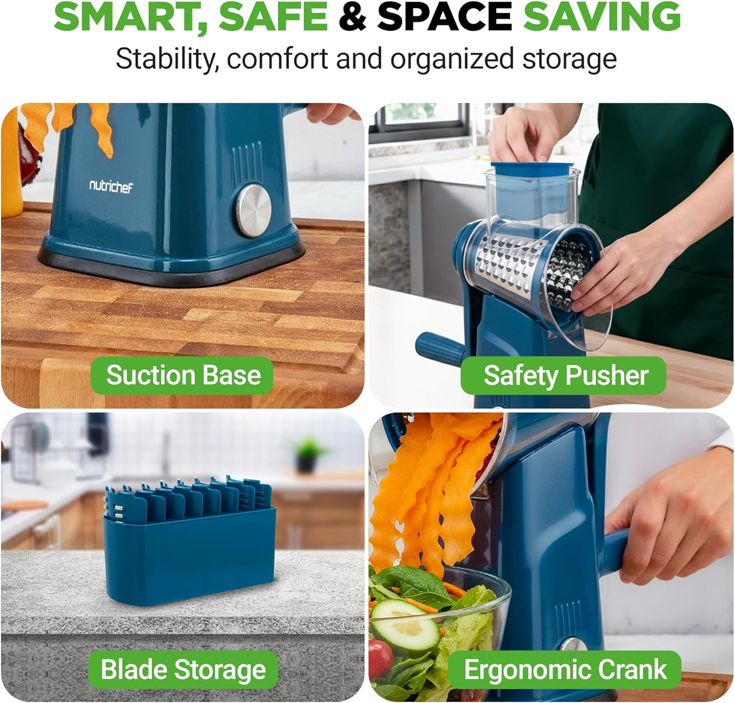 NutriChef 5 in 1 Cheese Grater & Shredder | 5 Different Blades for Thin, Thick, Julienne Strips, Wavy, & Straight Strips | Includes Hand Crank, Strong Suction Base & Storage Container | Black