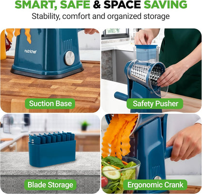 NutriChef 5 in 1 Cheese Grater & Shredder | 5 Different Blades for Thin, Thick, Julienne Strips, Wavy, & Straight Strips | Includes Hand Crank, Strong Suction Base & Storage Container | Black
