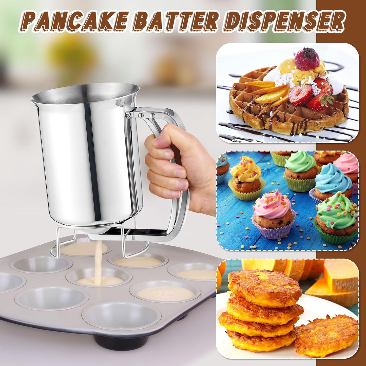 2 Pcs 800 ml Stainless Steel Pancake Batter Dispenser 27 oz Handheld Pancake Mix Dispenser with Handle Batter Funnel for Candle Making Cupcake Muffin Waffle Baking Cake Cooking Crepe Kitchen