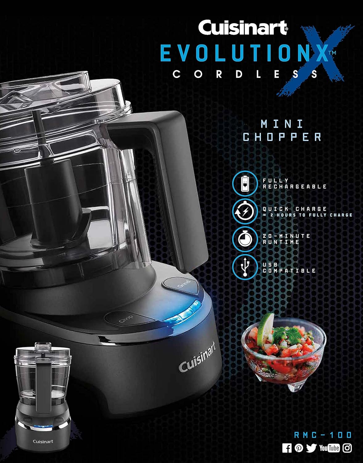 Cuisinart Mini Food Processor & Chopper, Small Stand Mixer for Vegetables, Meats & More, 4 Cup, Electric, Black, RMC-100