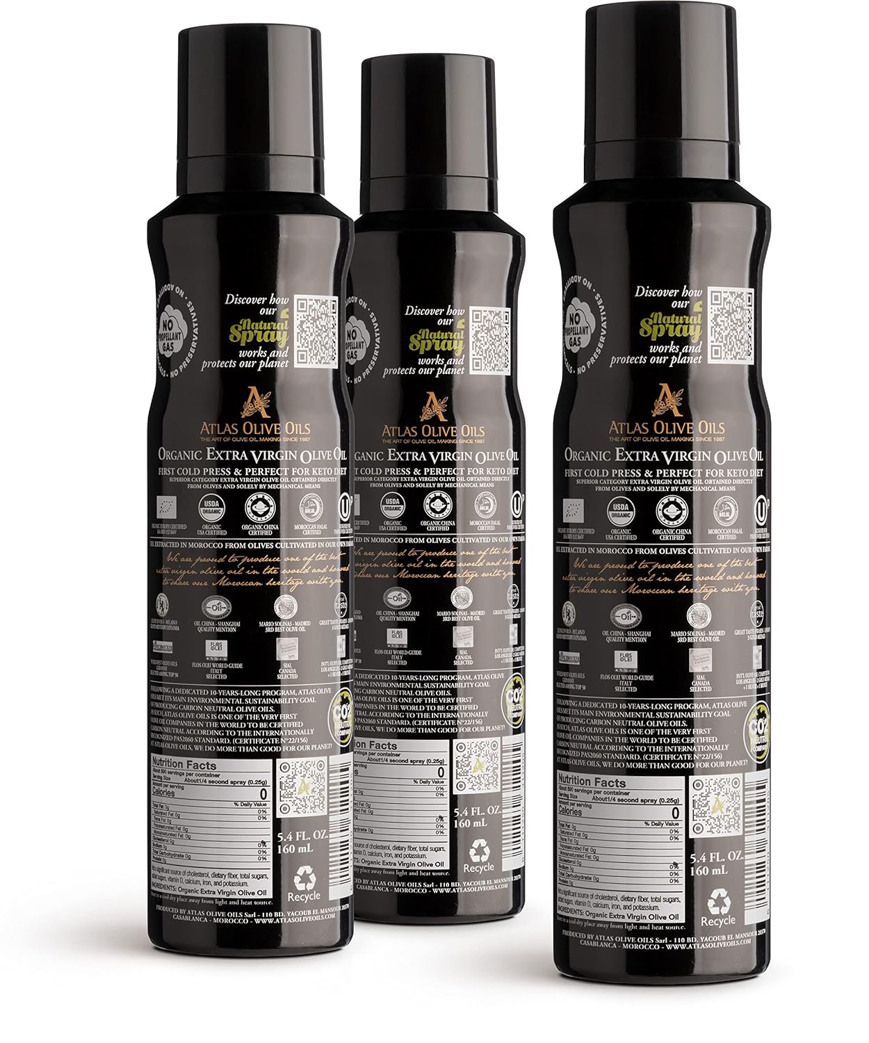 Olive Oil Spray by Atlas, Dual Function Olive Oil Cooking Spray and Stream, 5.4 fl oz, 3 Pack, Extra Virgin, Non Stick, Cold Pressed, Polyphenol Rich, Organic Moroccan EVOO, Hydroxytyrosol, Keto