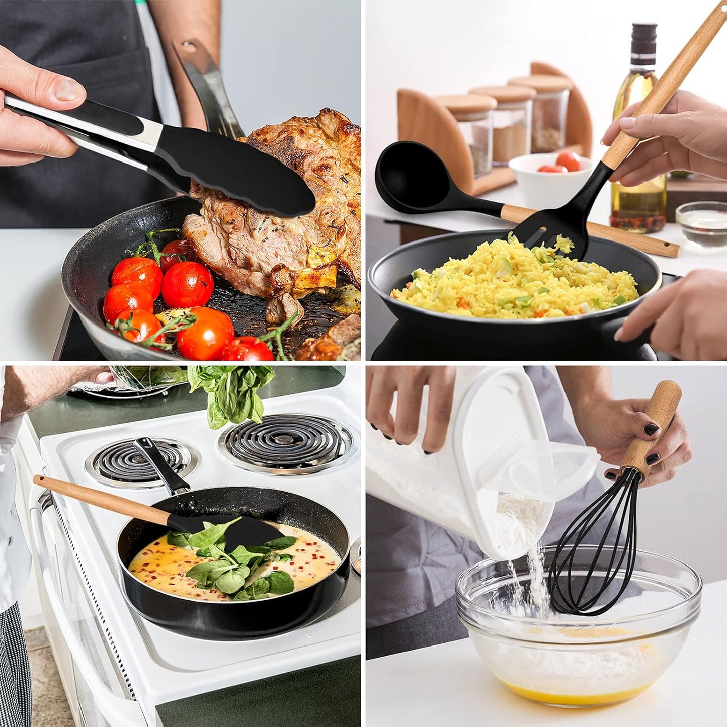 E-far Cooking Utensils Set of 6, Silicone Kitchen Utensils with Wooden Handle, Non-stick Cookware Friendly & Heat Resistant, Includes Spatula/Ladle/Slotted Turner/Serving Spoon/Spaghetti Server(Khaki)