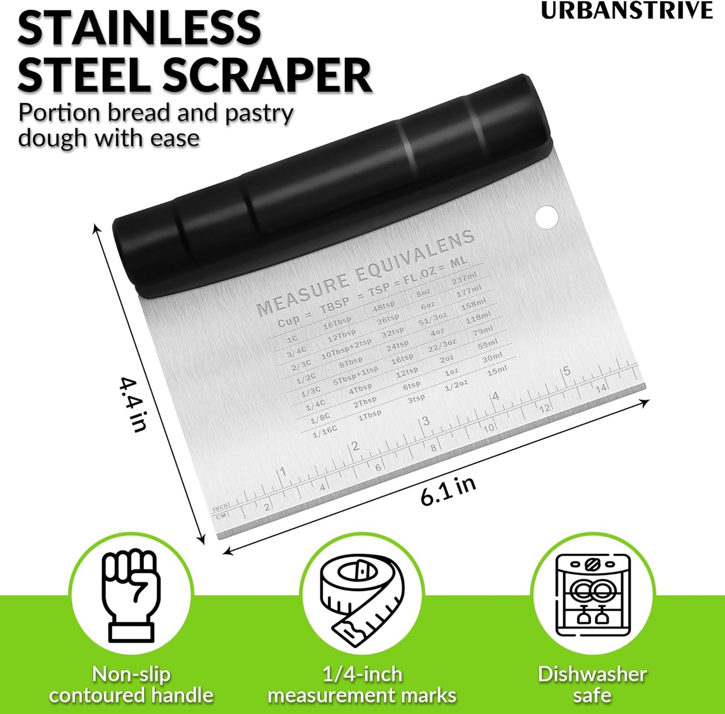 Urbanstrive Bench Scraper for Baking, Stainless Steel Dough Cutter and Scraper Tool Kitchen, Kitchen Scraper Food Scraper Tool Pizza Cutter Food Chopper, Multi-Purpose Kitchen Gadgets, Black