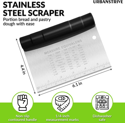 Urbanstrive Bench Scraper for Baking, Stainless Steel Dough Cutter and Scraper Tool Kitchen, Kitchen Scraper Food Scraper Tool Pizza Cutter Food Chopper, Multi-Purpose Kitchen Gadgets, Black