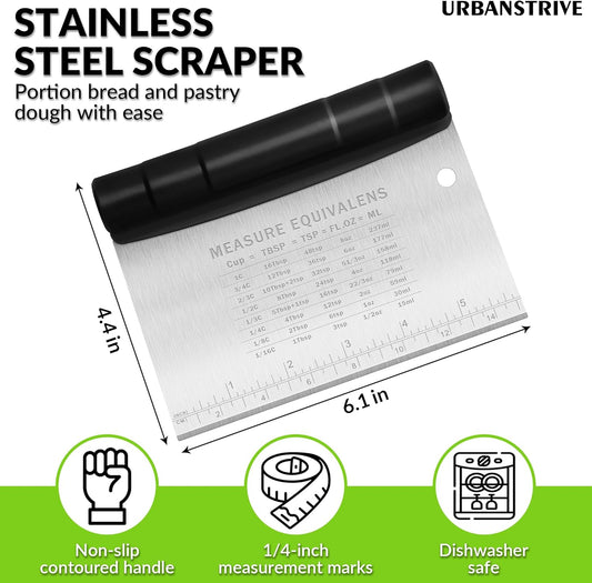 Urbanstrive Bench Scraper for Baking, Stainless Steel Dough Cutter and Scraper Tool Kitchen, Kitchen Scraper Food Scraper Tool Pizza Cutter Food Chopper, Multi-Purpose Kitchen Gadgets, Black