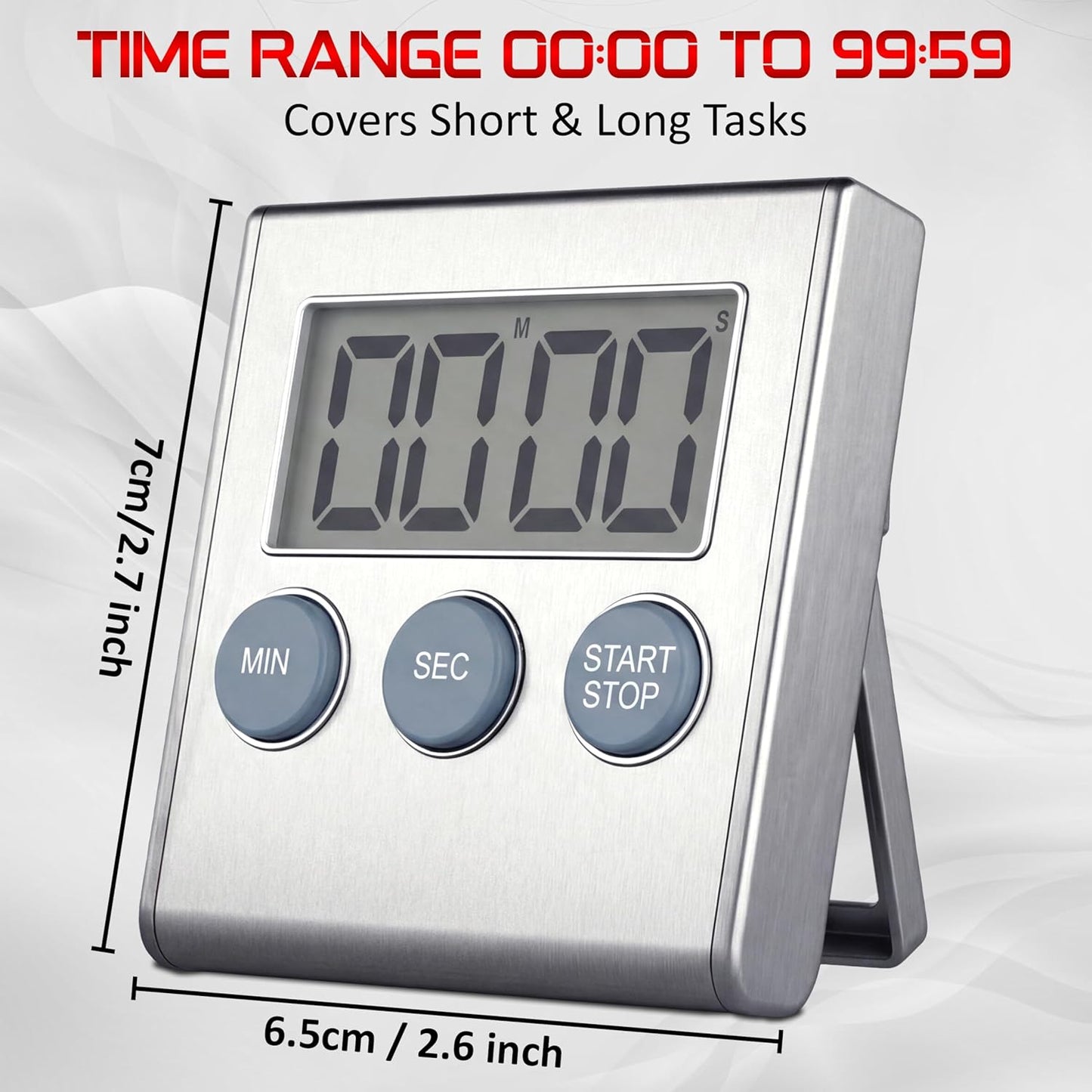 Digital Kitchen Timer for Cooking, Magnetic Countdown Timer with Loud 80dB Alarm, Large Display, Adjustable Stand, Auto Memory, Stop Watch for Classroom, Study, Kids - Silver