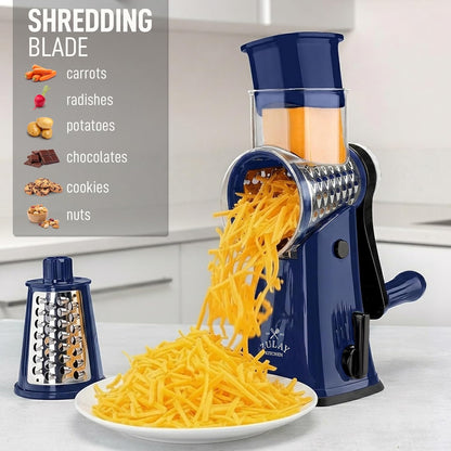 Zulay Kitchen Rotary Cheese Grater 5 Blade Cheese Shredder - Manual Hand Crank Cheese Grater With Reinforced Suction & 5 Interchangeable Drums - Easy to Use, Vegetable Chopper Round Mandoline Slicer - Colors B