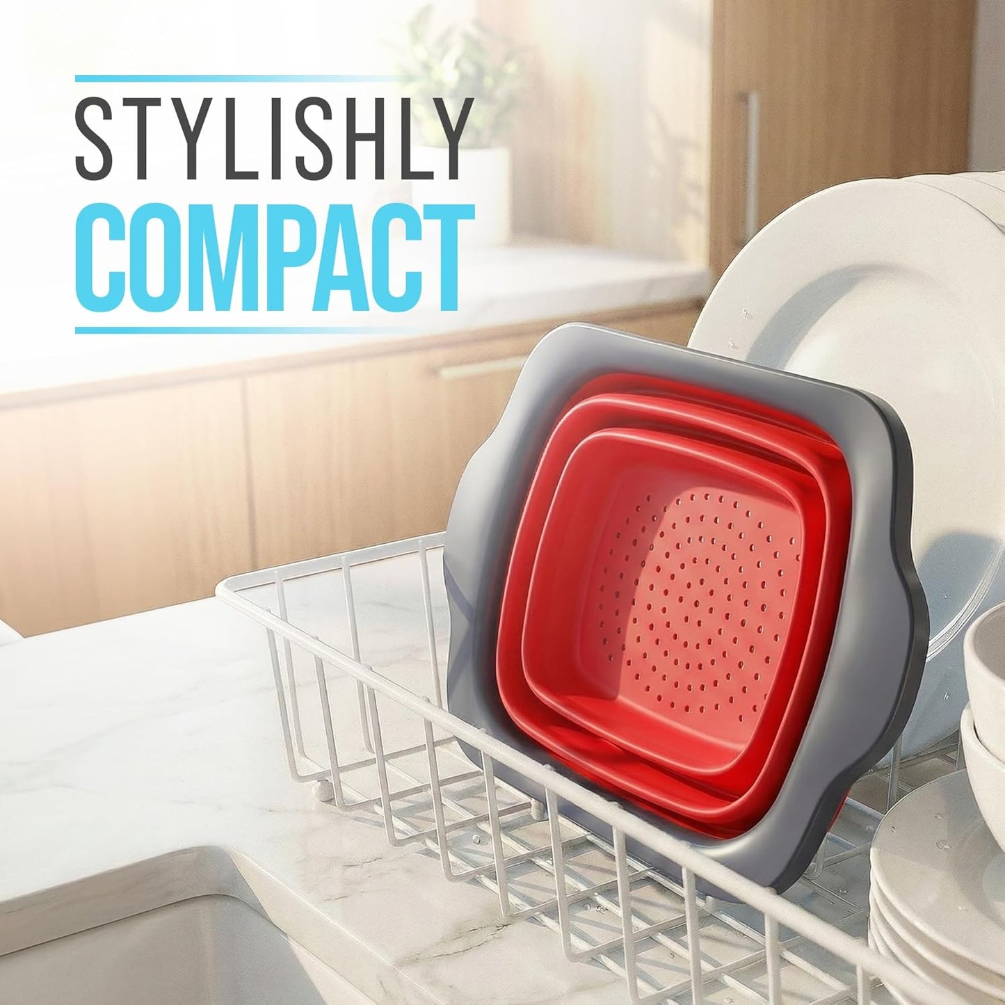 Comfify XL Large Kitchen Strainer - Collapsible Silicone Over - The-Sink Colander with Extendable Handles - Use with Pasta, Fruit, Berries & Veggie - 6 Quart - Blue