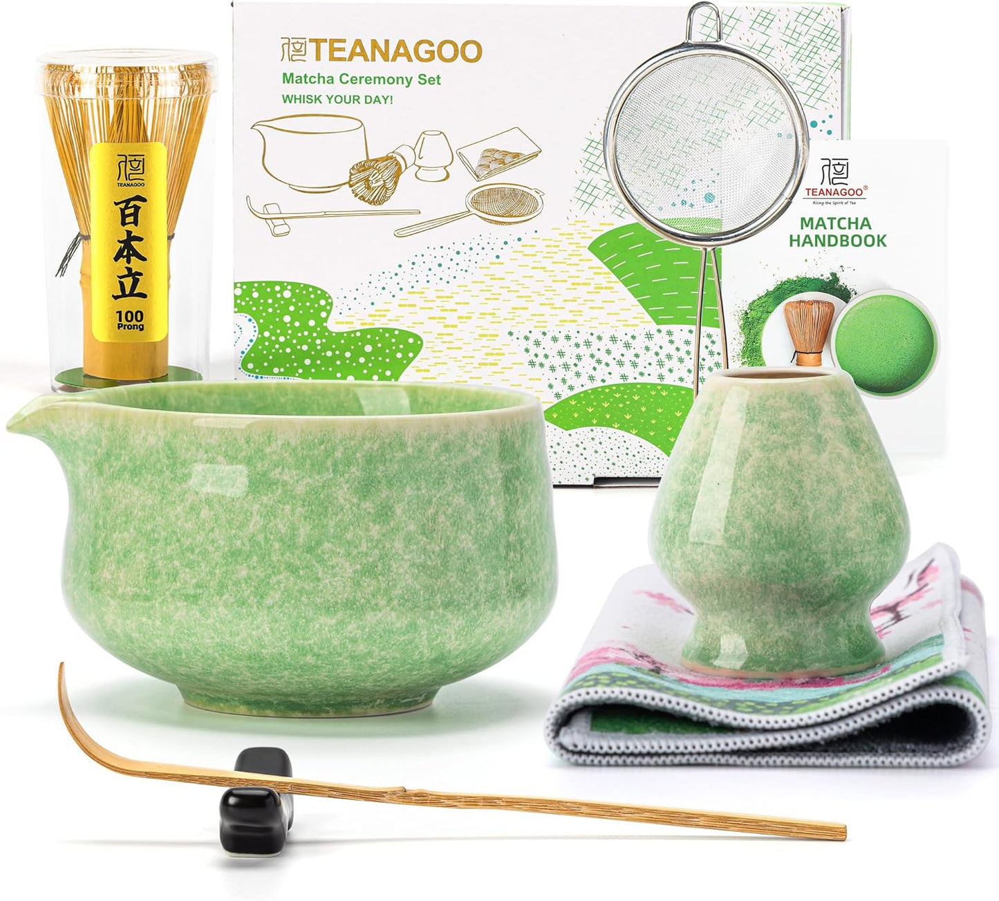 TEANAGOO Matcha Whisk Set, 7 Pcs Matcha Set Blue, Matcha Kit for Ceremony, Matcha Tea Set for Making Breakfast/Latte, Ceramic Matcha Bowl(chawan) whith Spout and Whisk, Gift for Friend/Family