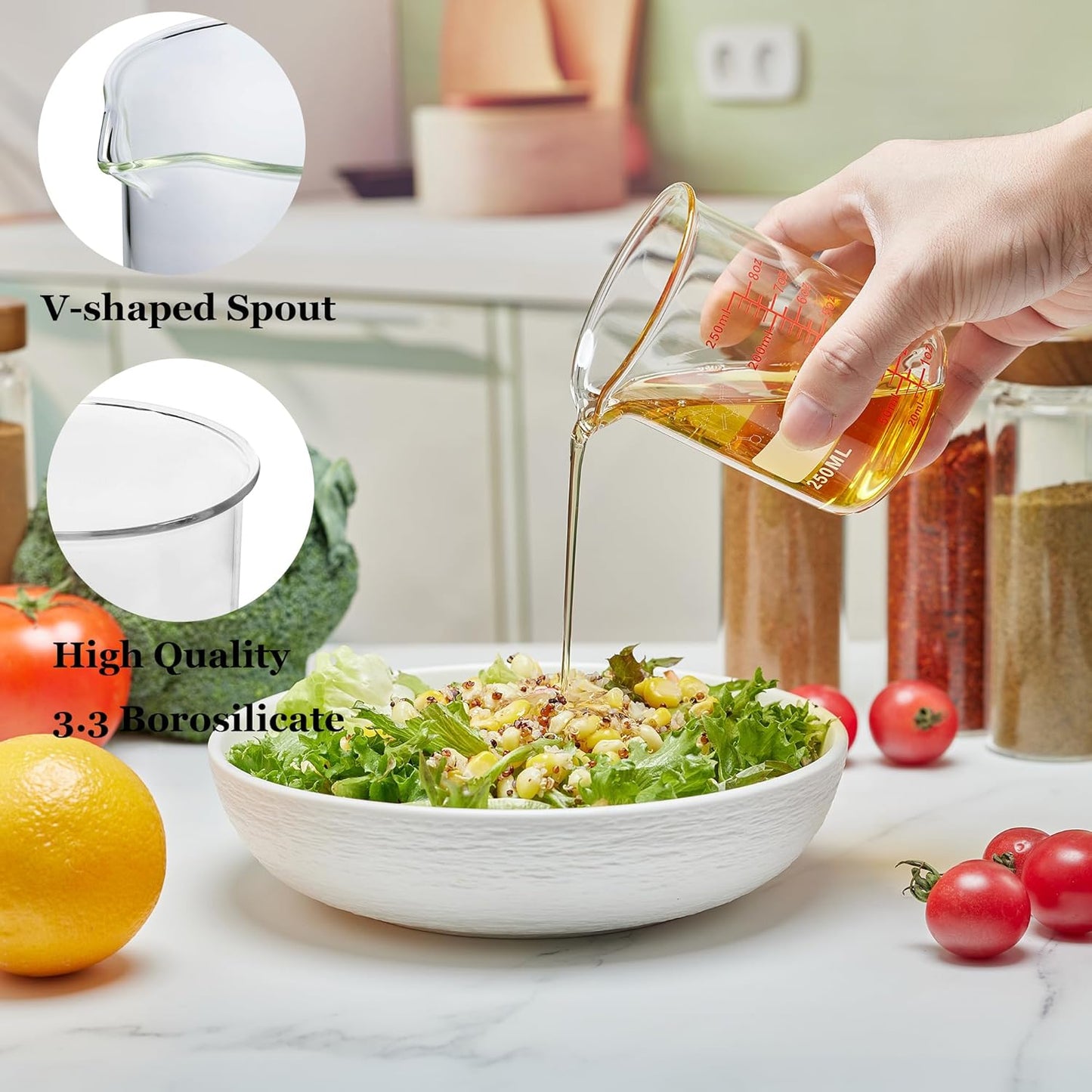 High Borosilicate Glass Measuring Cup-V-Shaped Spout，Glass Measuring Beaker for Kitchen or Restaurant, Easy to Read, 60 ML (2 Oz)-Pack of 2