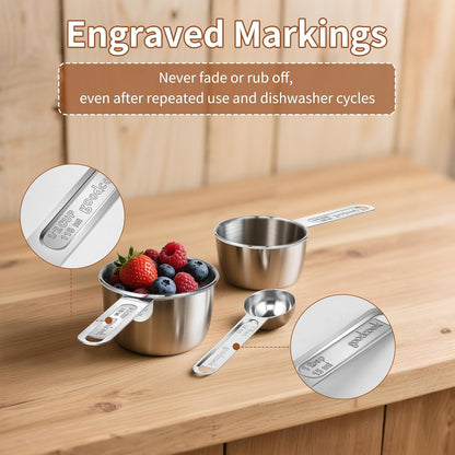 Measuring Cups and Spoons Set (8 Piece), Stainless Steel Measuring，4 Spoons, 4 Cups, Metal Measuring Cups for Cooking & Baking