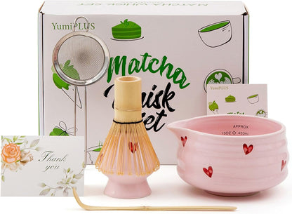 5pcs Premium Matcha Set,Ceramic Bowl with Spout and Bamboo Whisk set, Ceremonical Matcha Kit for breakfast/latte,Tea Starter Making Kit,Unique Matcha Gift set (pink love)