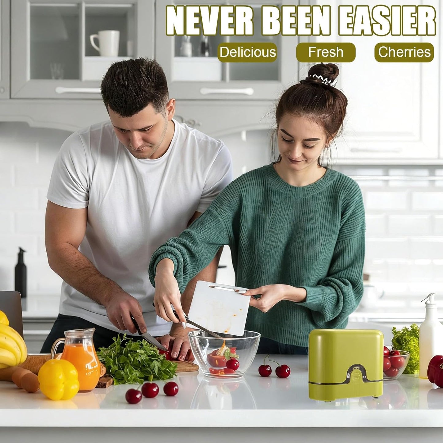 3-in-1 Cherry Pitter and Slicer Tool, Portable Fruit Corer with Ergonomic Press Design Removes Pits from 3 Cherries at Once Time-Saving Cherry Core Remover for Jam Baking & Kitchen Use (Green)