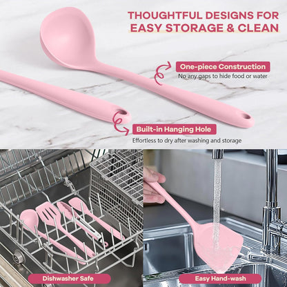TeamFar Silicone Cooking Utensils, 10 pcs Kitchen Cooking Utensils Set, 446°F Heat Resistant Kitchen Gadgets Tools Set w/Spatula, Turners, Spoons, Soup Ladle, Pasta Server for Nonstick Cookware, Black