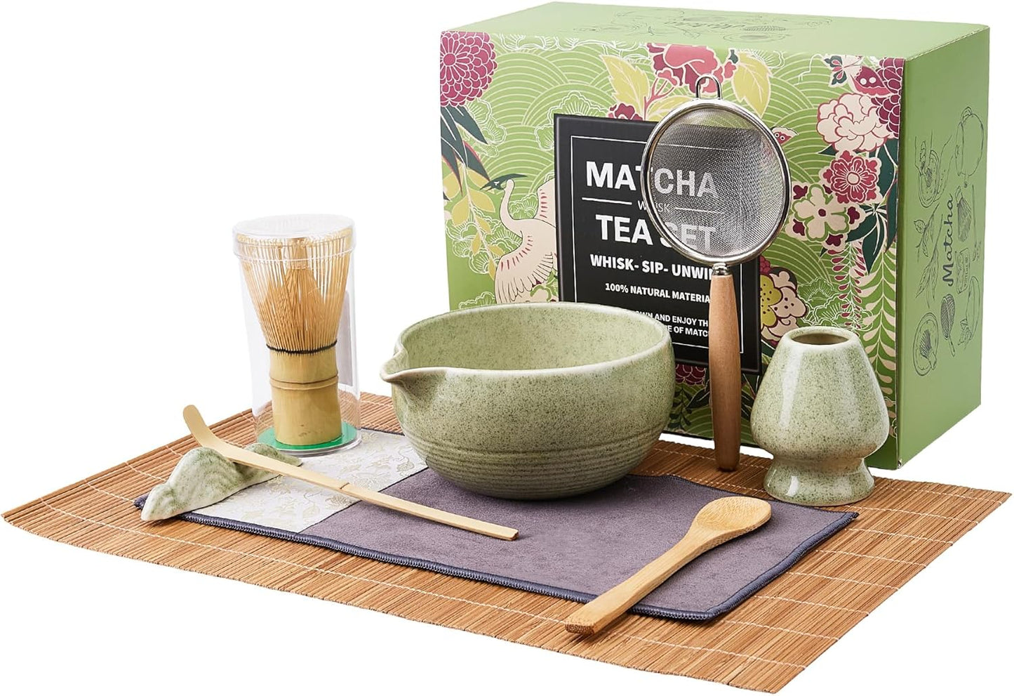 9-Piece Matcha Whisk Set, Complete Japanese Matcha Kit Tools with Ceramic Bowl, Bamboo Whisk & Scoops, Tea Ceremony Set in Elegant Gift Box, Mother’s Day Gift for Women (Matcha Green)