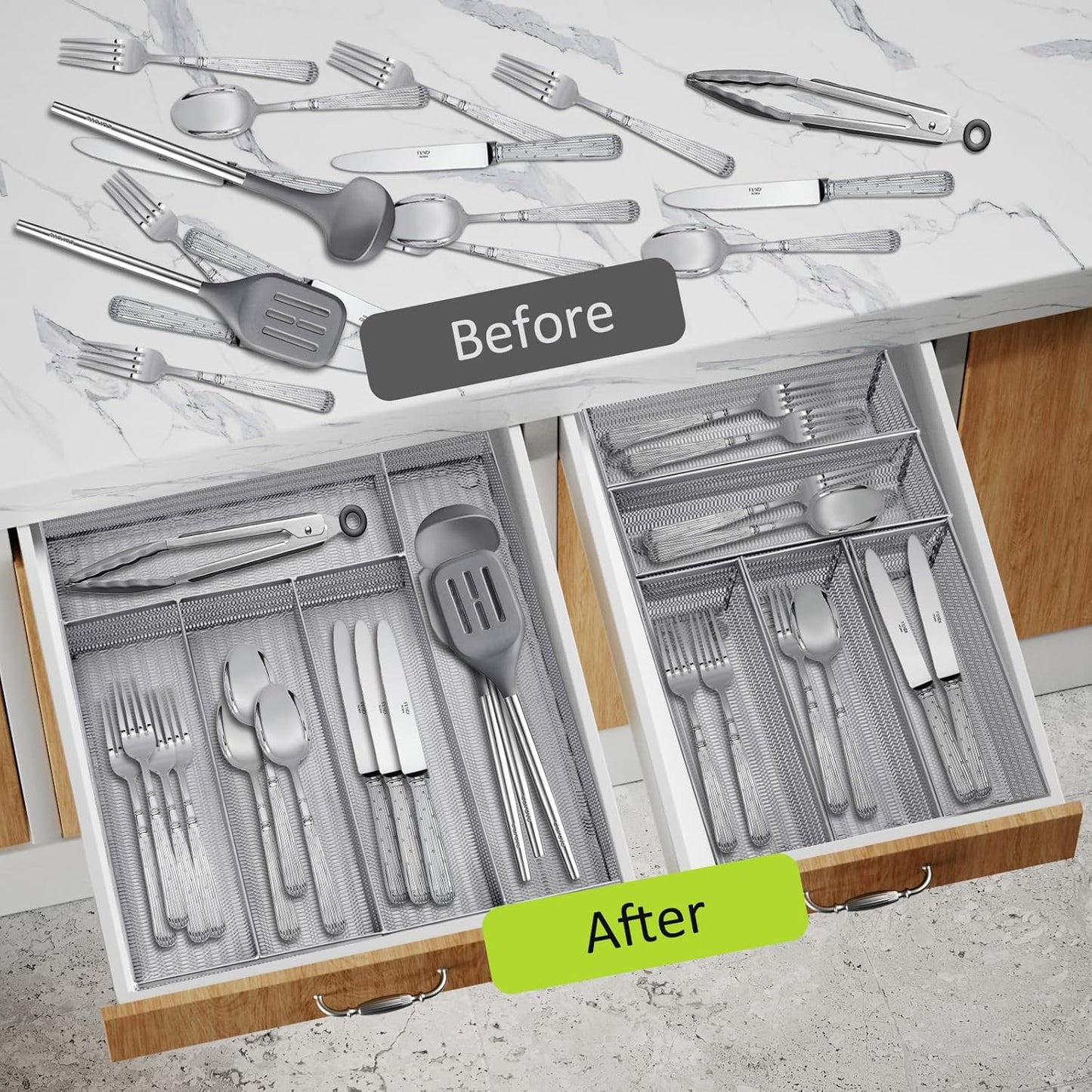 Neudeco Silverware Drawer Organizer - 5 Compartment Cutlery Tray with Non-Slip Feet, Mesh Wire Flatware Storage Divider for Kitchen, Bedroom, Living Room (Silver)