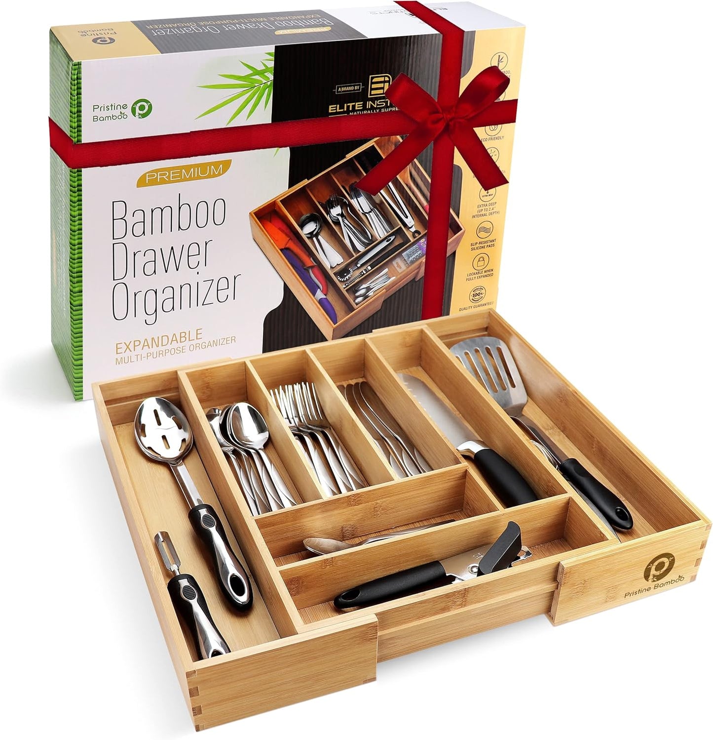 Pristine Bamboo Silverware Organizer - Small Extra-Deep Wooden Kitchen Drawer Organizer Divider for Spoons, Forks, Knives & Cutleries - 5 Slots
