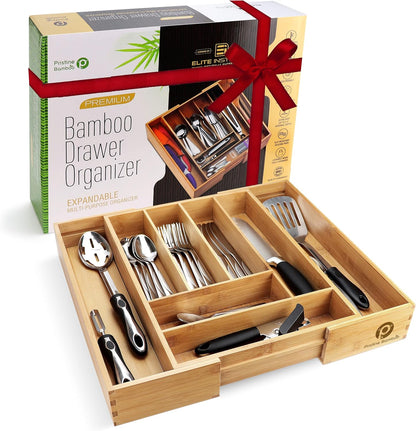 Pristine Bamboo Silverware Organizer - Small Extra-Deep Wooden Kitchen Drawer Organizer Divider for Spoons, Forks, Knives & Cutleries - 5 Slots