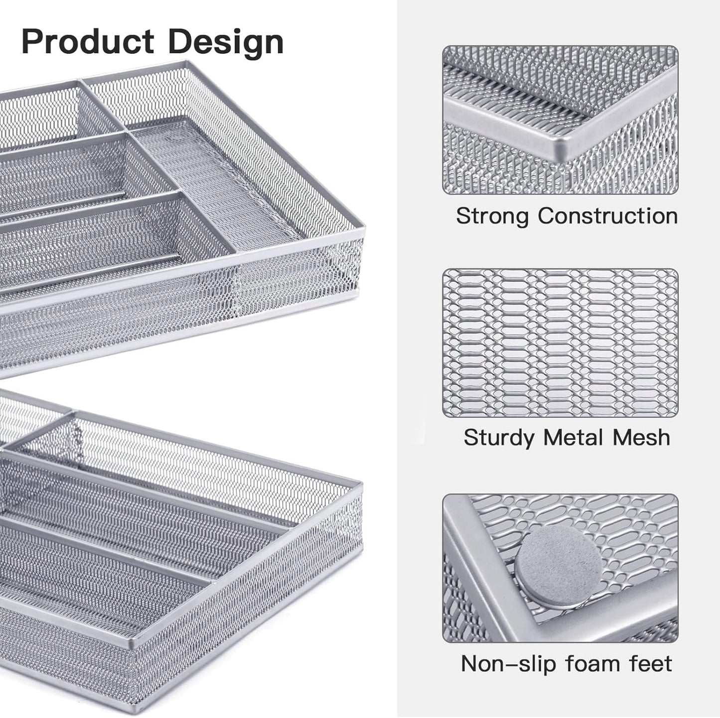 Neudeco Silverware Drawer Organizer - 5 Compartment Cutlery Tray with Non-Slip Feet, Mesh Wire Flatware Storage Divider for Kitchen, Bedroom, Living Room (Silver)