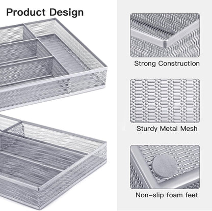 Neudeco Silverware Drawer Organizer - 5 Compartment Cutlery Tray with Non-Slip Feet, Mesh Wire Flatware Storage Divider for Kitchen, Bedroom, Living Room (Silver)