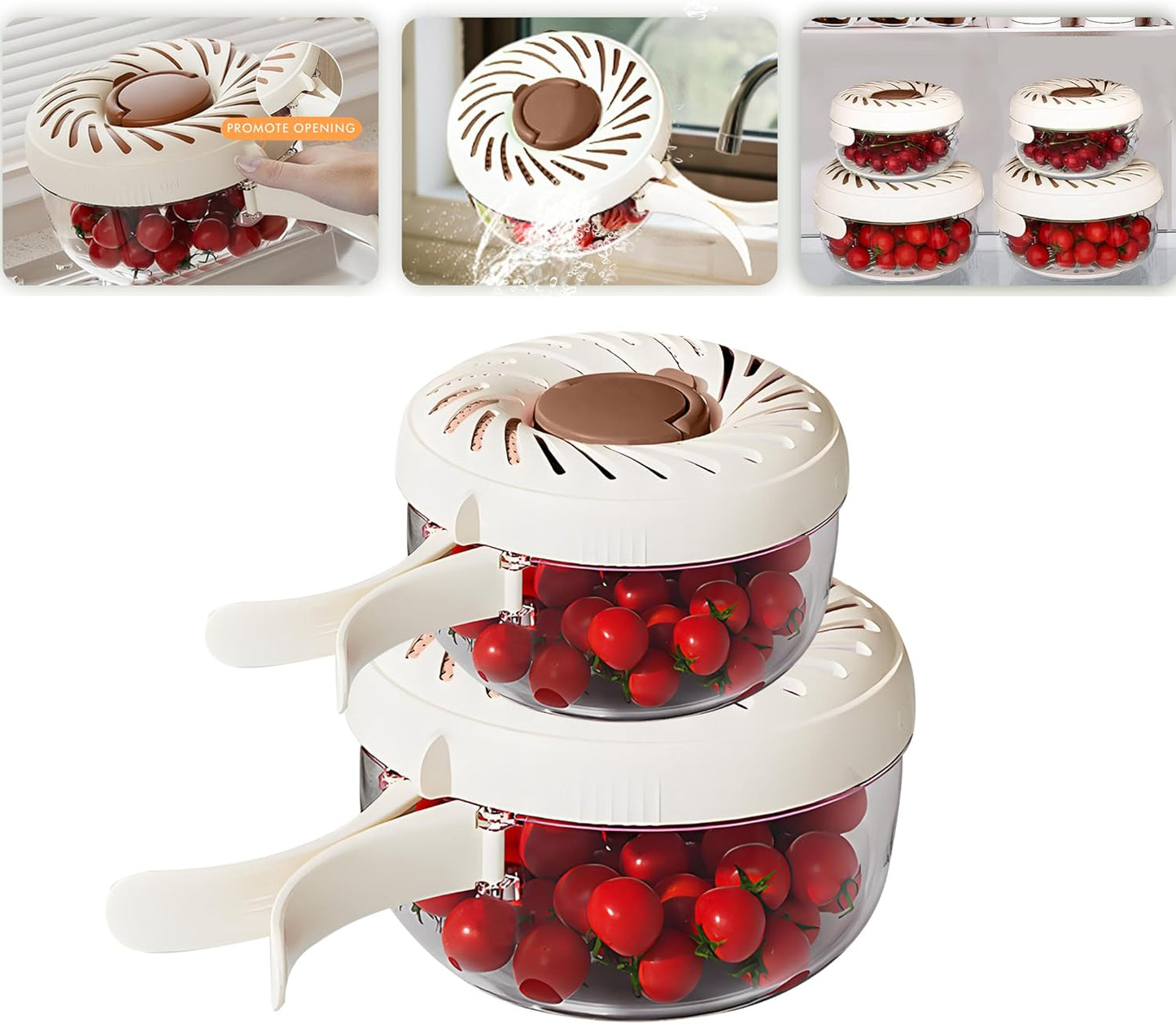 Upgraded Fruit Washing Bowl with Strainer,BPA-Free Drain Basket for Lid & Ice Compartment,Multifunctional Fruit Washer,Foldable Handle Strainer and Colander for Fridge Storage or Picnic Camping(1 QT)
