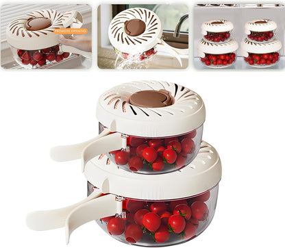 Upgraded Fruit Washing Bowl with Strainer,BPA-Free Drain Basket for Lid & Ice Compartment,Multifunctional Fruit Washer,Foldable Handle Strainer and Colander for Fridge Storage or Picnic Camping(1 QT)