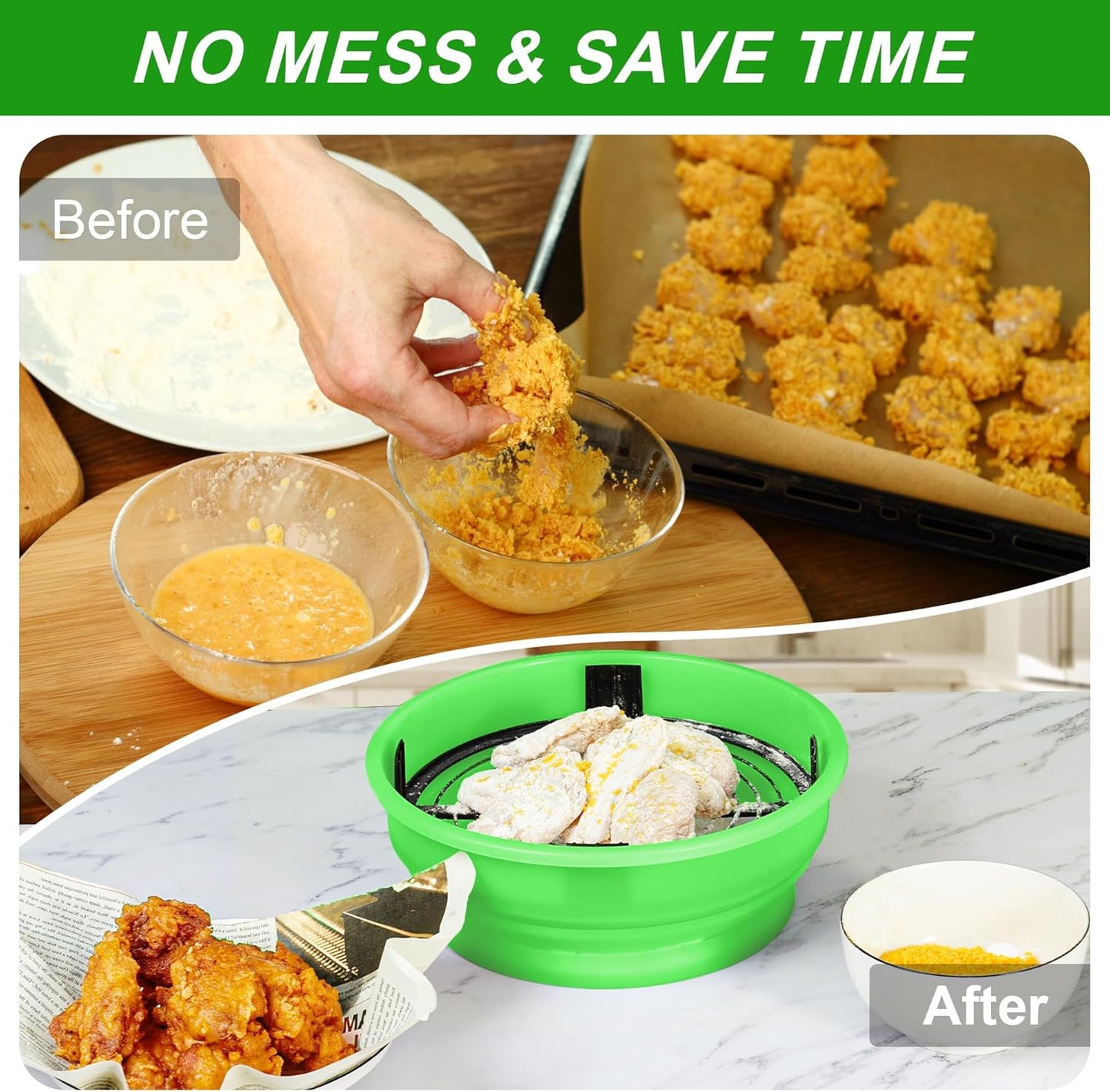 FJNATINH Collapsible Batter Bowl - Mess Free Better Breader Shaker Bowl with Lid Breading Shaker Container - Great for Fried Fish, Fried Chicken, Onion Rings, Wings & More,No Leak,Easy to Store