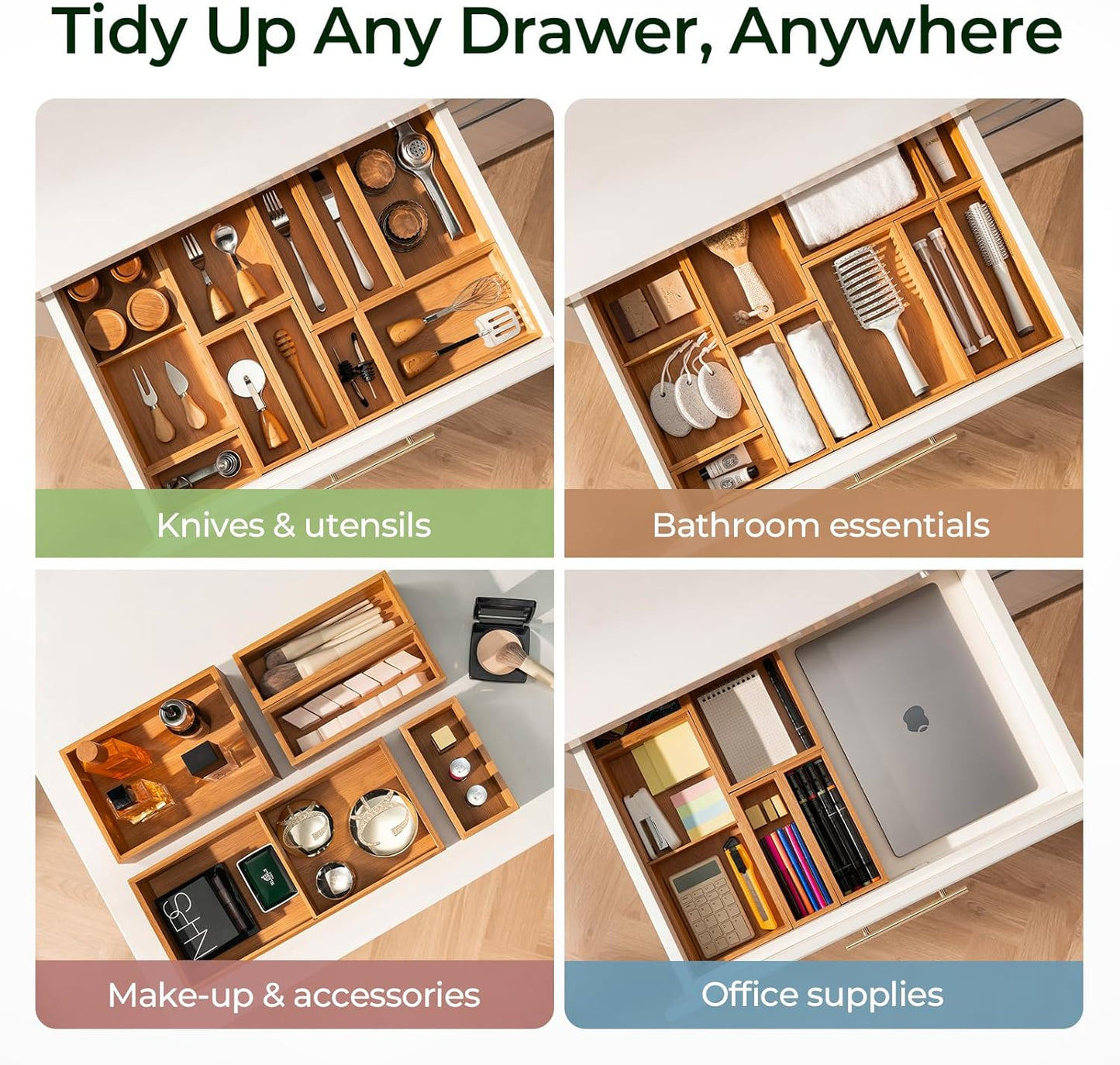 keechee Carbonized Bamboo Kitchen Drawer Organizer, 10 Slots Expandable Silverware Organizer, Utensil Holder & Cutlery Tray, 2.2" Deep for Extra Capacity, Non-Slip Feet Included
