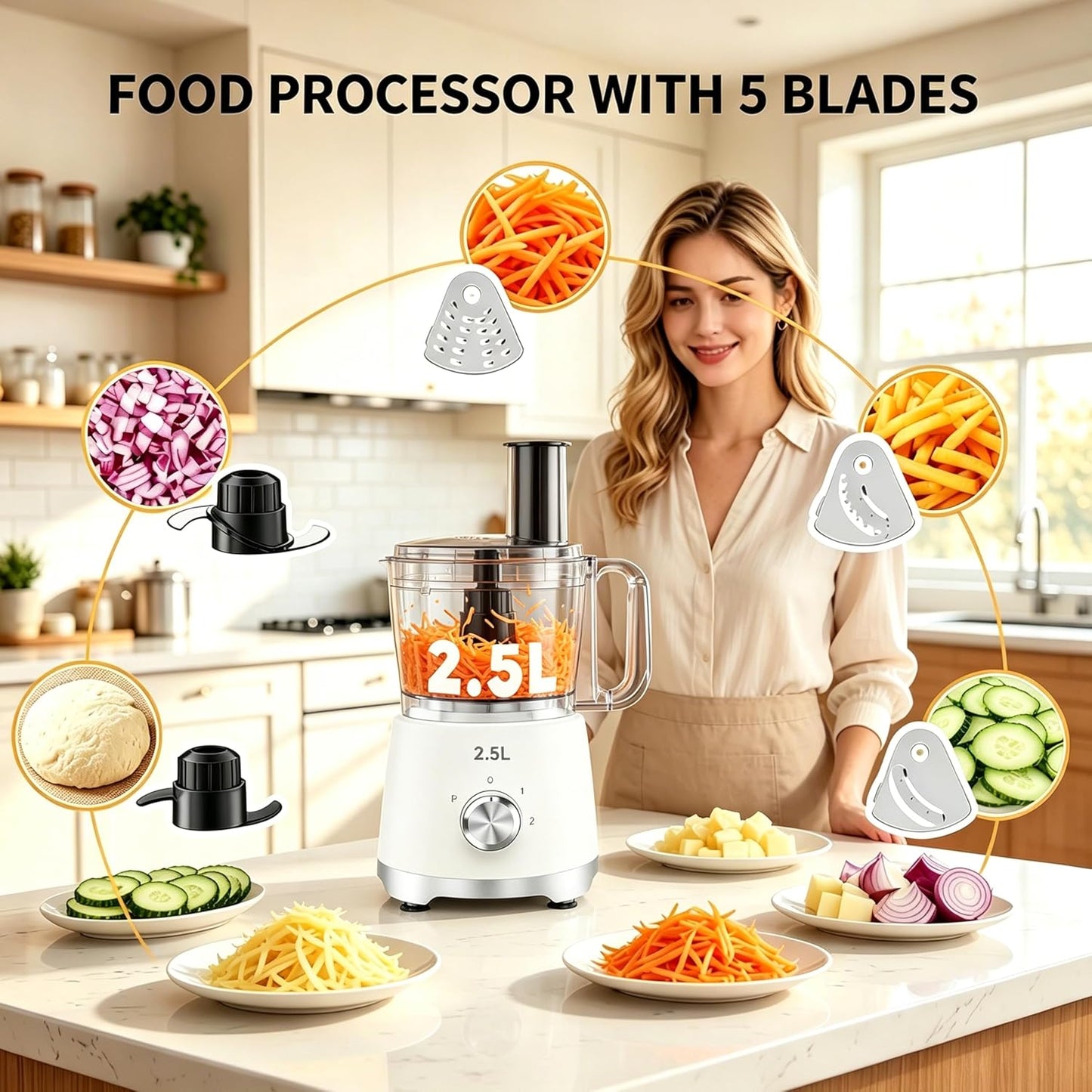 Simple Deluxe Food Processor 10.5 Cup, Multi-Functional Vegetable Choppers Food Grinder with Slicing Shredding Chopping Kneading, Suitable for Smoothie Fruit Dough, 2.6QT, Black