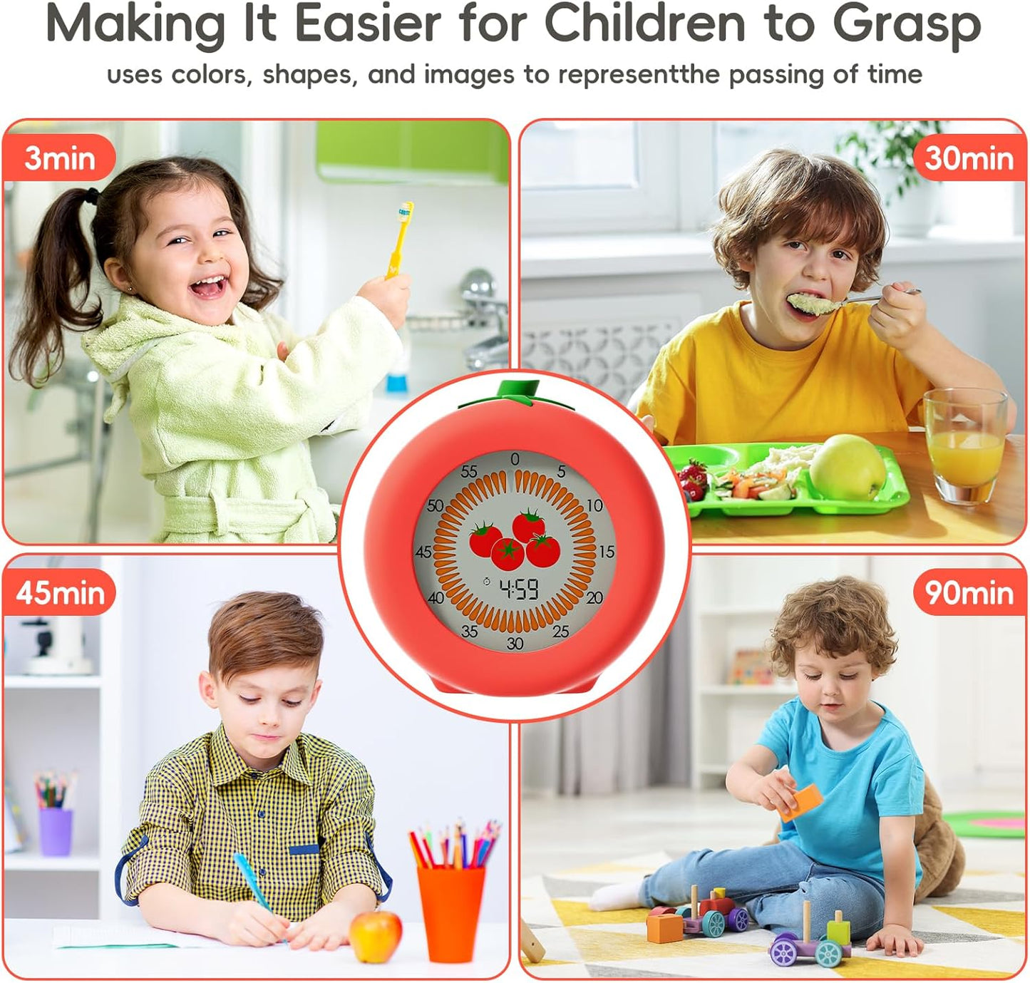 Tomato Visual Timer for Kids, 5h Cute Kids Pomodoro Countdown Timer, Kitchen Helper Timer, Visual Timer for Classroom, Office Desk and Meetings