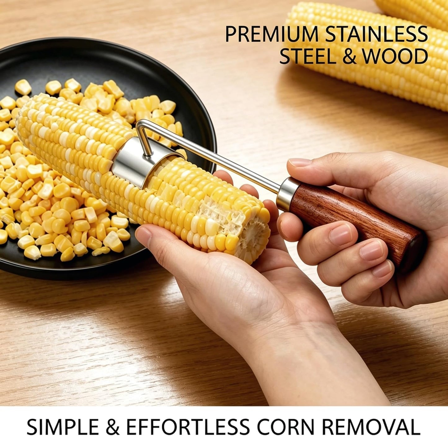2Pcs Corn Peeler 2026 Upgrade, 304 Stainless Steel Curved Blade Corn Cob Stripper with Wooden Handle, Ergonomic Kernel Remover for Fresh, Cooked, or Frozen Corn