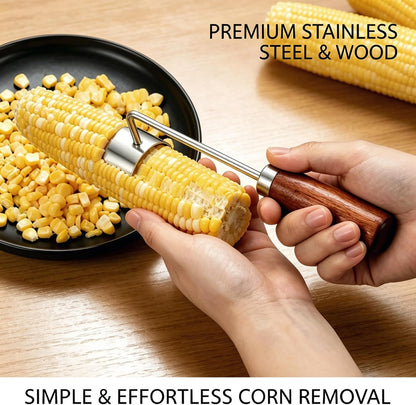 2Pcs Corn Peeler 2026 Upgrade, 304 Stainless Steel Curved Blade Corn Cob Stripper with Wooden Handle, Ergonomic Kernel Remover for Fresh, Cooked, or Frozen Corn