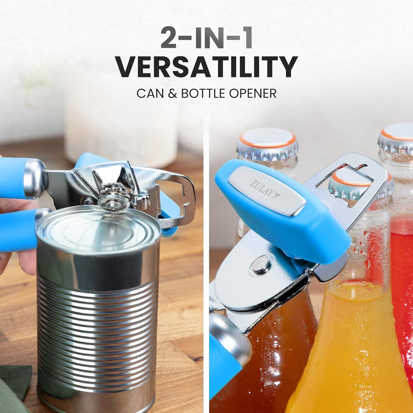 Zulay Kitchen Heavy Duty Stainless Steel Can Opener Manual with Bottle Opener - Rust Proof Manual Can Opener With Turn Knob & Comfy Soft Grip Handles - Cherry Red - Colors A