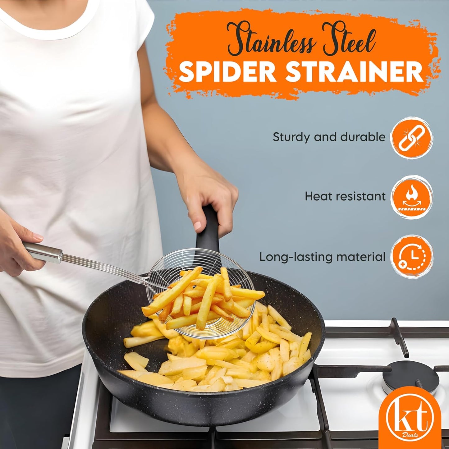 Stainless Steel Spider Strainer Skimmer Ladle Fryer for Cooking and Frying Kitchen Utensils Wire Strainer Scoop Pasta Strainer with Handle Deep Fry Skimmer Spoon